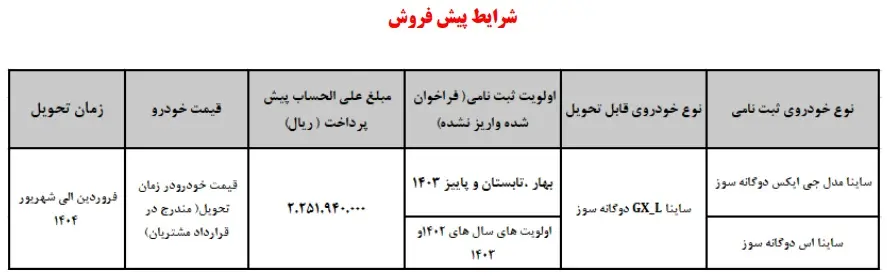 پیش فروش ساینا دوگانه سوز