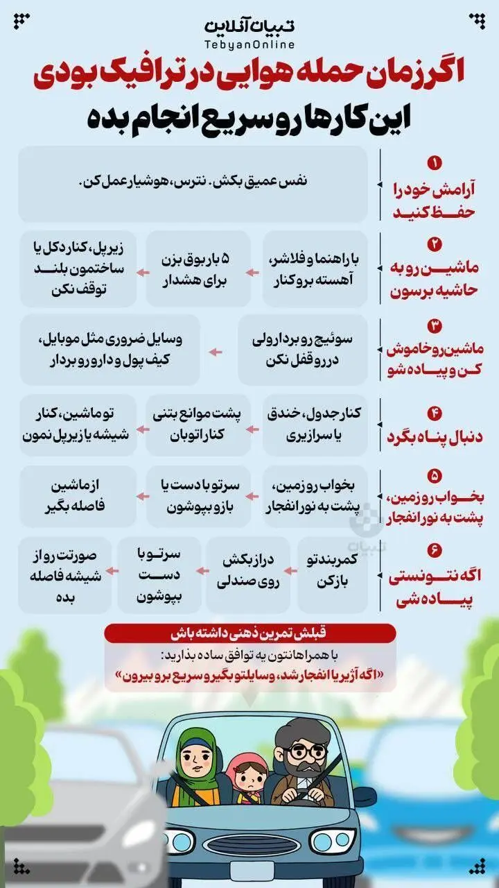 اگر زمان حمله هوایی در ترافیک بودی، این کارها رو سریع انجام بده 